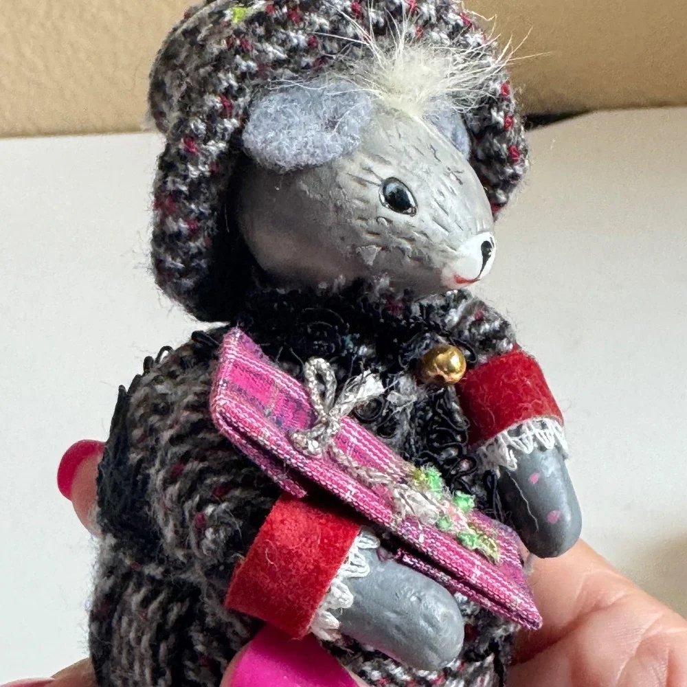 Vintage Christmas Mouse Figurines Set of 2 Festive Grey Mice Holiday Decor 4in